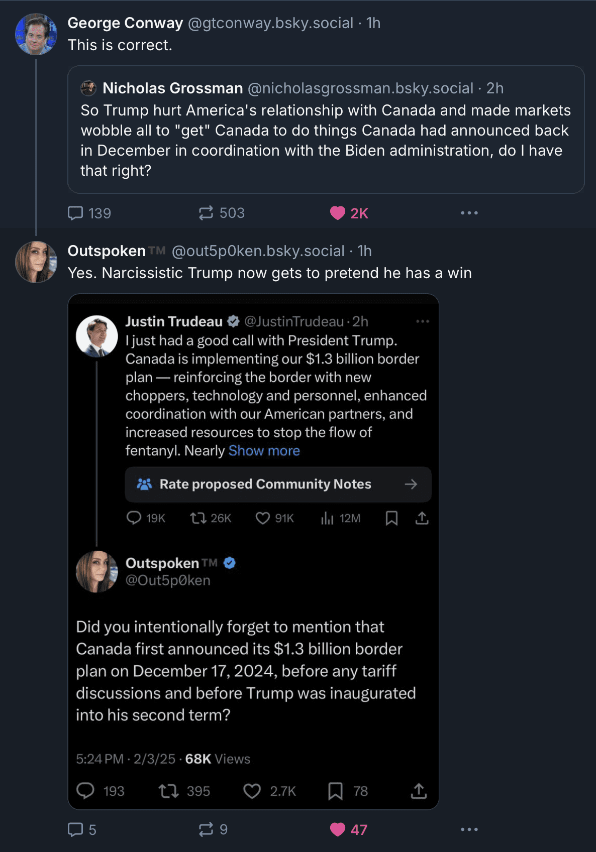 A screenshot of a social media conversation on Bluesky featuring tweets about former President Trump and Canada's border plan. The original post by Nicholas Grossman questions whether Trump took credit for Canada's $1.3 billion border plan, which was announced in December 2024 under the Biden administration. George Conway responds, saying, "This is correct." Another user, Outspoken™, adds that "Narcissistic Trump now gets to pretend he has a win" and shares a tweet from Justin Trudeau. Trudeau's tweet states that he had a good call with President Trump and that Canada is implementing the border plan, reinforcing the border with new choppers, technology, personnel, and increased coordination with the U.S. Outspoken™ replies to Trudeau, pointing out that the plan was announced on December 17, 2024, before any tariff discussions or Trump's second-term inauguration. The post has engagement metrics, including likes, retweets, and comments.